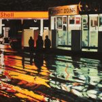 Late on a rainy night in Lindsay, Ontario. They are waiting at the Shell station and Comfort Zone, their shadows cast amidst the yellow and red light reflections on the wavy wet asphalt.