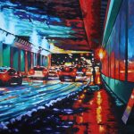A February night in Toronto under the Dufferin overpass at Queen Street. The lights illuminate the tunnel in all colours of the spectrum: red, orange, yellow, green, blue, indigo, violet.