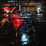A Toronto street sign casts red, green, yellow and purple reflections on the streetcar tracks. It reminds me of the stars and planets above.