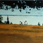 four children sit on the bluff looking out over the Nort Channel; a foreground of dried out lawn and dark cedar canopy