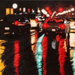 the rears of cars, traffic lights, street lights and surrounding buildings cast coloured refelections on wet pavement: reds, greens and yellows dominate the black night