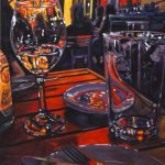 Eating outdoors in a southern town (Tucson, AZ) under the glow of patio lights and neon signs; diners enjoying each other’s company, food, drinks and conversation. These were such ‘southern’ colours, with so much warmth; the reflections on the glasses make it extra festive.