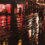 A cyclist peddles through therain on Queen Street, Toronto; two lover cuddle under an umbrella in front of the pink light of the Hudson Bay store in the background