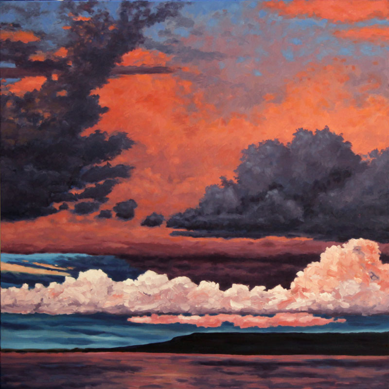 Sunset over West Bay, looking east towards Little Current, the La Cloche Mountains, and far away Killarney, colours the sky orange, purple and pink.Clicking on this image brings you to the “Island Time” gallery of paintings