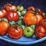 orange, red and green tomatoes sitting on a light blue plate on a purple background