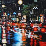 cars lined-up behind a streetcar on Queen Street, Toronto, on a rainy night, with green, red, blue and white reflections on the wet pavement