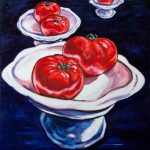 Two large red tomatoes on a white dish on a ultramarine background; two similar dishes float in the background