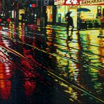 A convenience store pours out light on a shiny Queen Street West during a rainy night, while streetcar tracks draw parallel lines through the vibrant city light reflections.